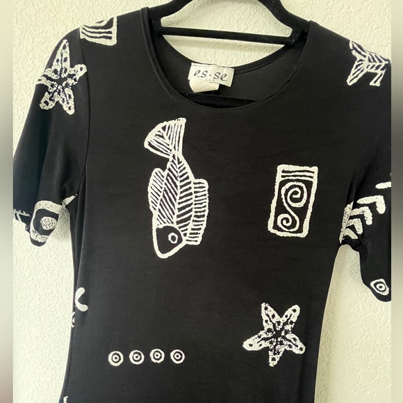 Es Se Maxi Dress Womens SMALL Black Slinky Long Fish Coastal Aztec Print Boho - Picture 5 of 6